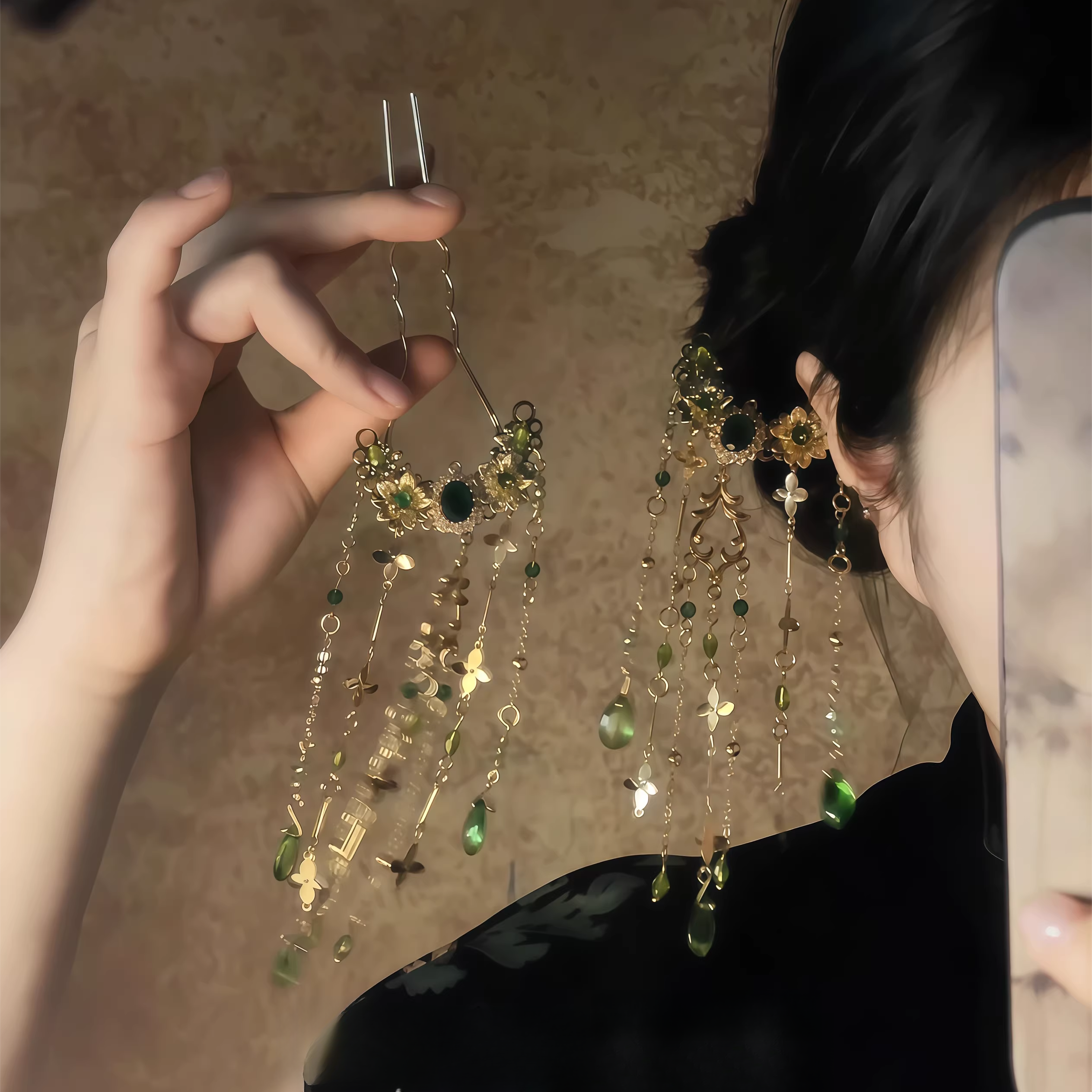流萤逐月｜新中式非遗绿宝石流苏发簪复古国风汉服侧边发钗盘发器