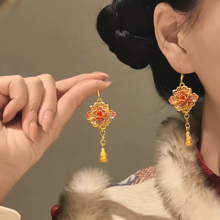 「红袖添香」国风红色牡丹花朵流苏耳环高级精致耳钩小众汉服耳饰