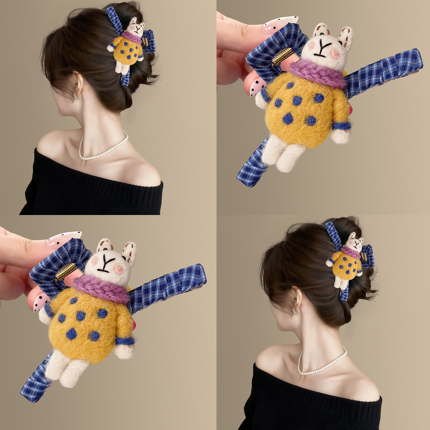呆萌兔子~卡通可爱毛毡抓夹设计感秋冬新款后脑勺鲨鱼夹头饰发卡