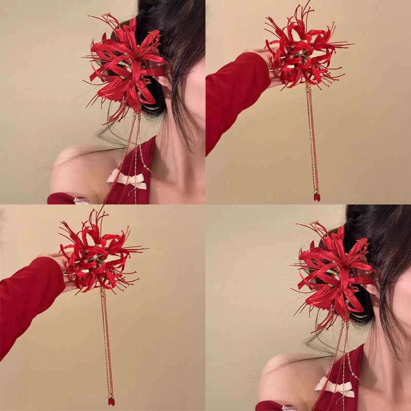 发饰森系超仙红色彼岸花朵流苏