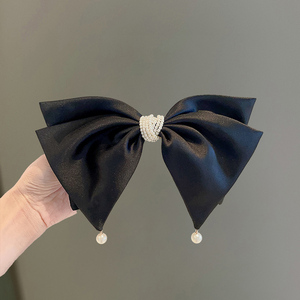 高级感缎面气质蝴蝶结珍珠弹簧夹大号黑色后脑勺马尾发夹头饰新款