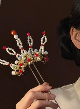 「长缨枪」古风仿珍珠簪子汉服宫廷明制侧边盘发旗袍头饰发钗头饰