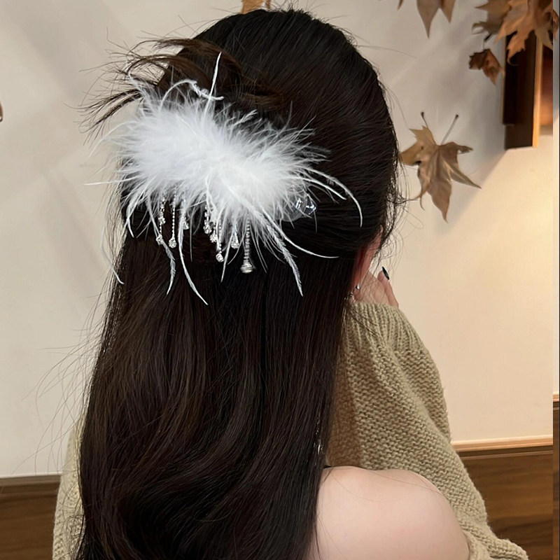 超仙羽毛流苏发夹~ 毛毛鸭嘴夹后脑勺盘发一字夹刘海侧边夹子头饰