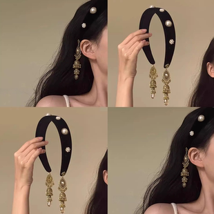 「如梦令」民族风珍珠流苏发箍秋冬高级感丝绒旗袍头箍压发头饰女