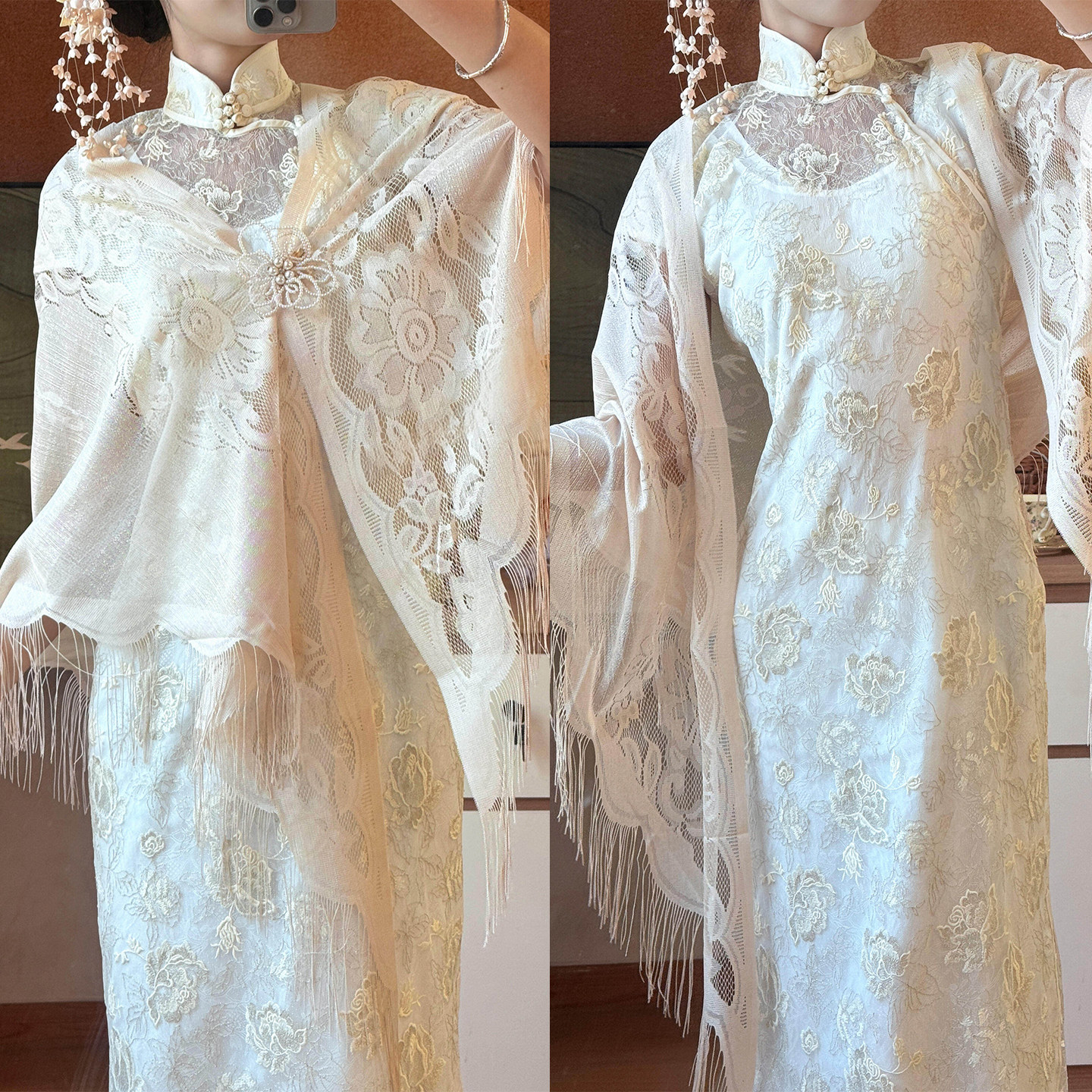 温婉小姐~温柔米白色蕾丝披肩