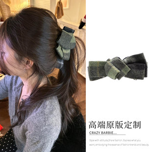 复古绿色格纹毛毡蝴蝶结香蕉夹女后脑勺马尾夹发饰头饰高级感发夹