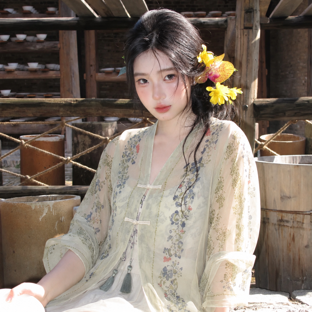 民族风浅绿碎花棉麻盘扣披肩开衫