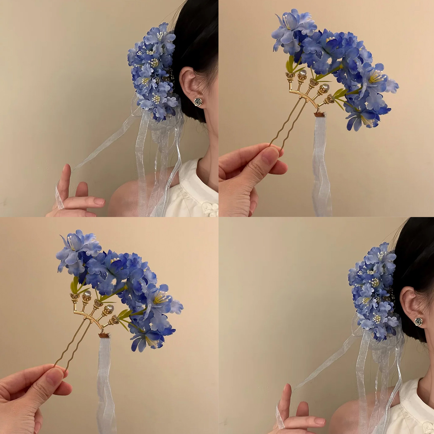 「蓝楹听雪」蓝楹花飘带簪花发钗