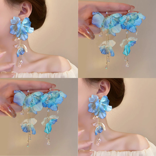 浅夏花屿！蓝色流苏花朵耳钉！超仙夏日高级感度假风耳环女盘发器