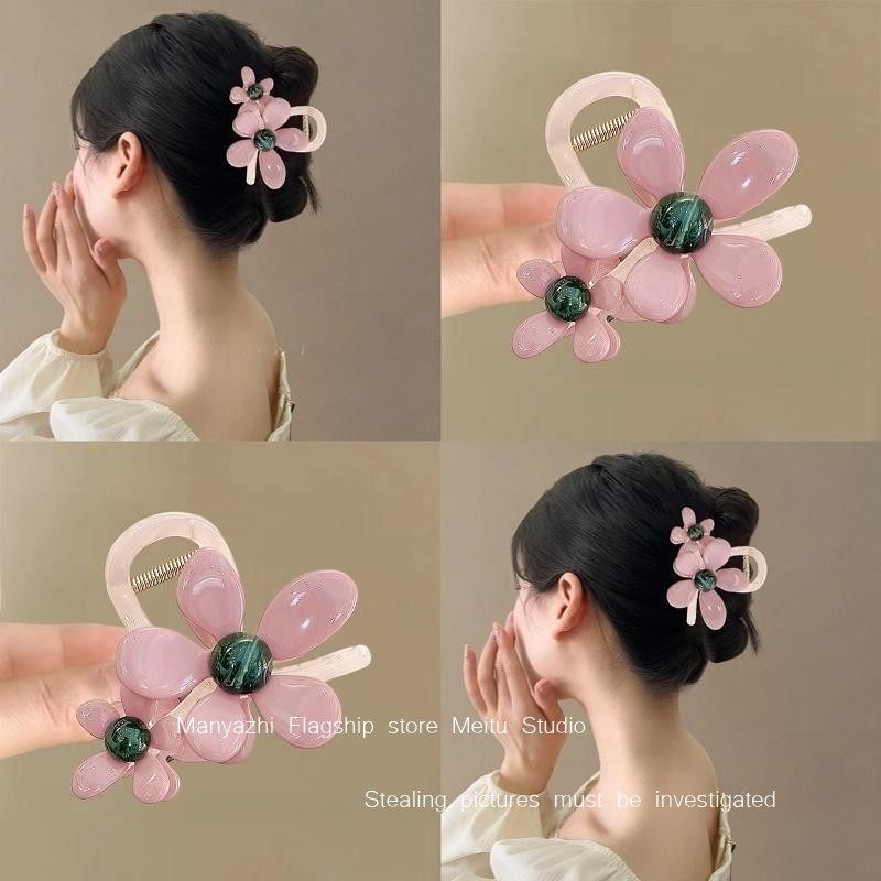 煙粉花卉韓系花朵抓夾新款發卡女