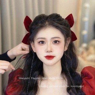 在逃公主发饰红色丝绒蝴蝶结发夹新娘敬酒服订婚发饰结婚礼服头饰