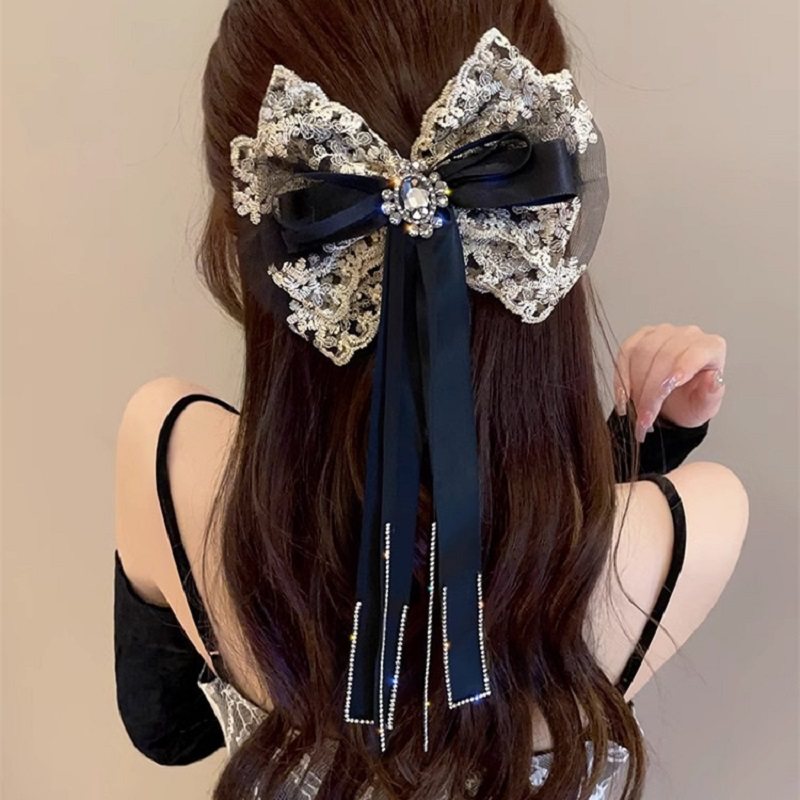 新款蕾絲飄帶大號蝴蝶結發夾頂夾