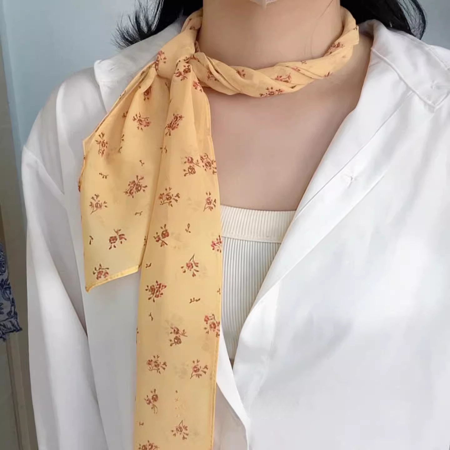 明媚感！橘黄色小碎花长款丝巾甜美氛围感薄款系脖领巾衬衫围巾女