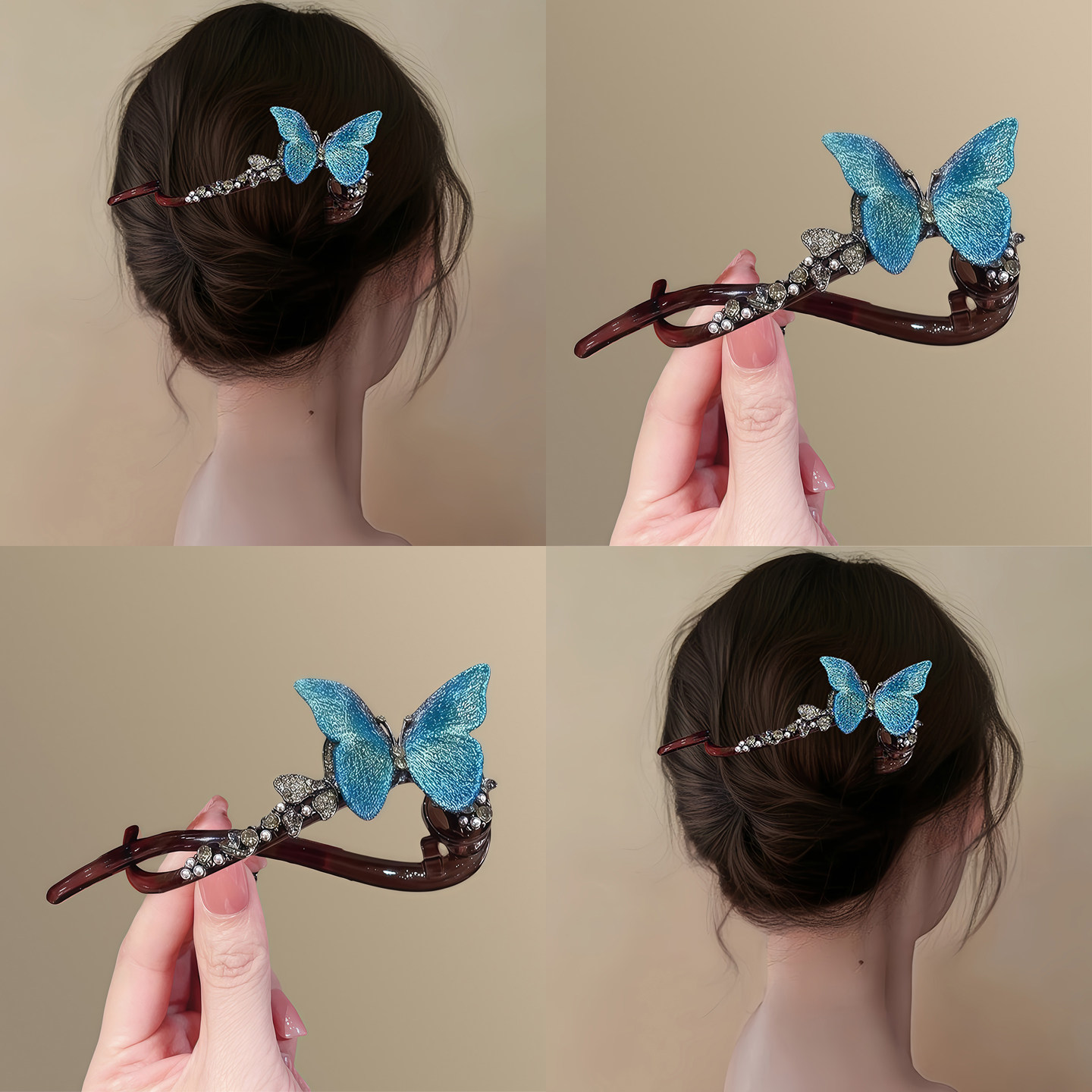 幽蘭蝴蝶！藍色刺繡水鉆發夾