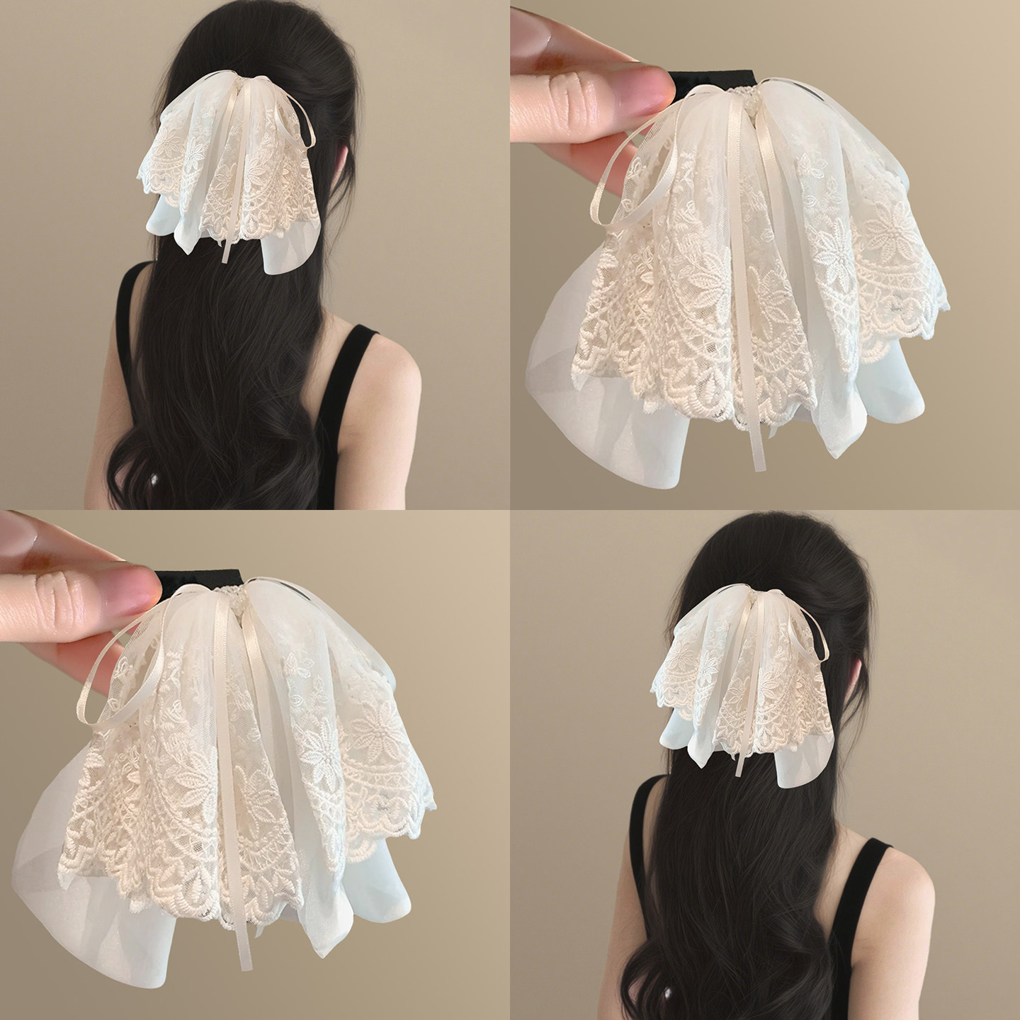 緹娜莊園~白色蕾絲蝴蝶結馬尾夾