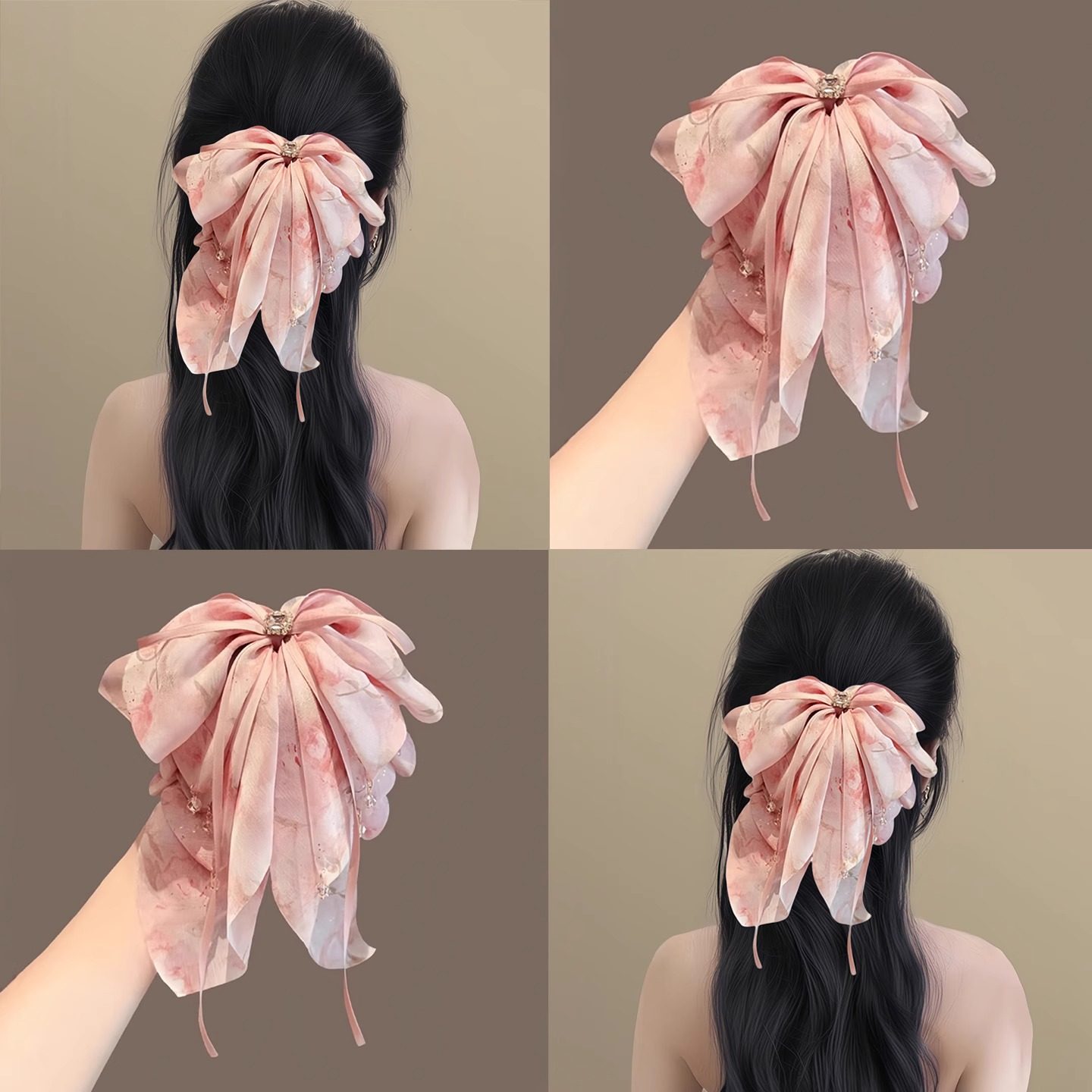 玫瑰莊園溫柔粉花朵飄帶馬尾抓夾