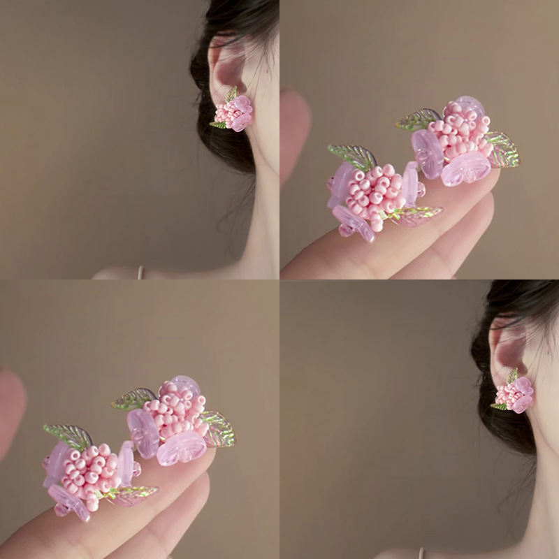 繁瑾迷情！粉色花朵綠葉耳釘