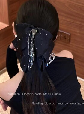 精致贵气~蝴蝶结流苏抓夹高级感时尚气质黑色缎面夹子头饰发夹女