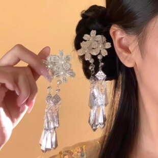 「坠梦清谣」民族风苗银花朵流苏侧边夹汉服战国袍盘发夹子发饰女