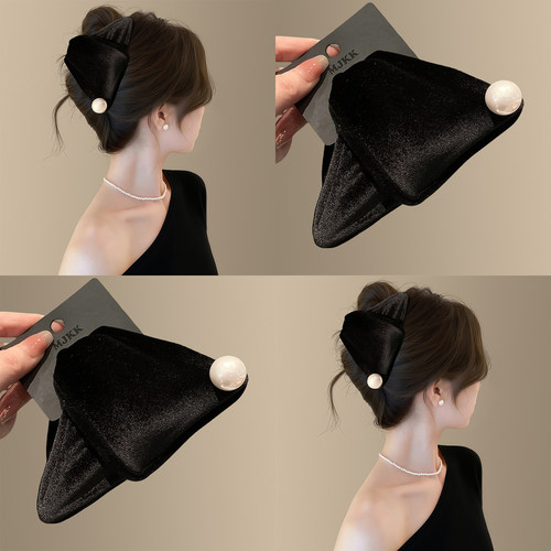 珍妮~法式赫本风珍珠丝绒抓夹