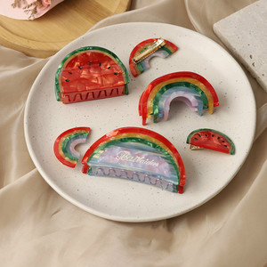 2023年新款彩虹云朵抓夹夏日西瓜小众醋酸半圆拼接发夹侧边刘海夹