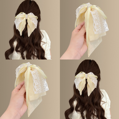 初夏奶油~淡黄蕾丝蝴蝶结马尾夹