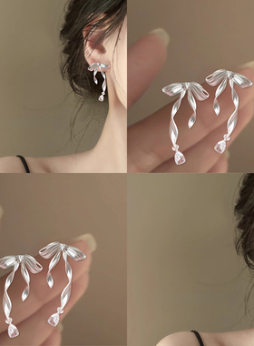 弦银丝带！丝带蝴蝶结耳环！轻奢高级感耳夹无耳洞女2026年盘发器