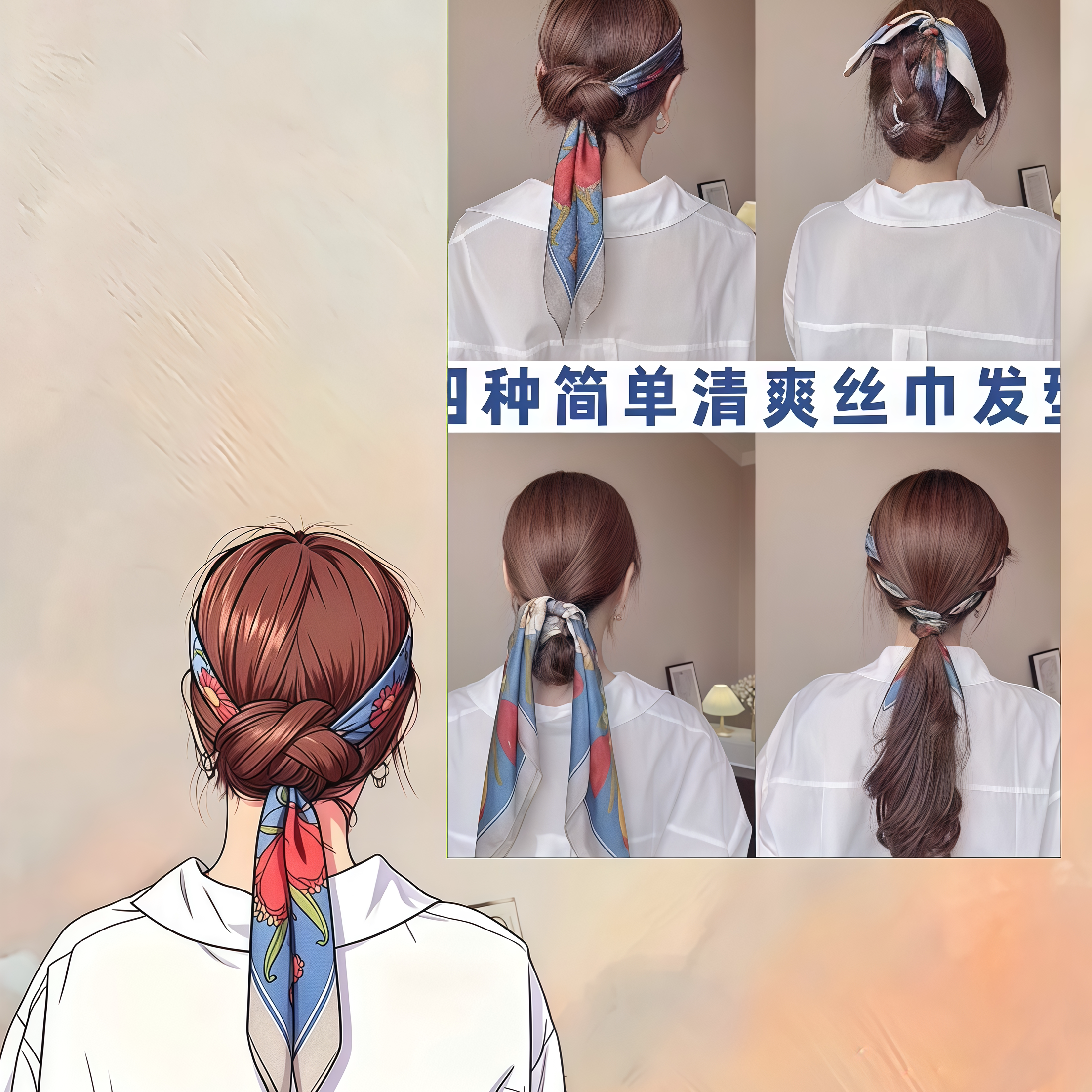 四种简单清爽丝巾发型~时尚通勤都很合适~油画风彩色印花编发发带