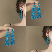 两戴水晶花朵耳环 冰萃蓝水晶 一款 高级感气质女神夸张百搭耳饰