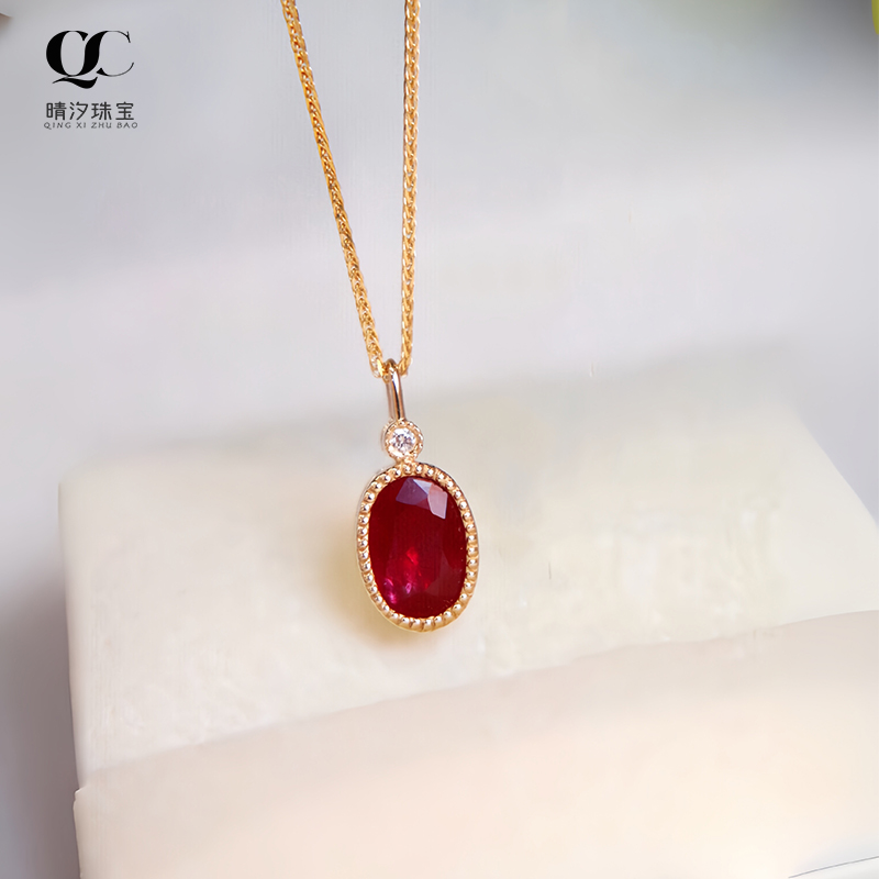 18k金天然鸽血红宝石椭圆项链