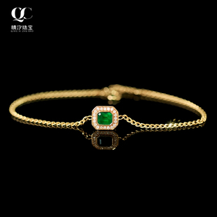 18K黄金镶嵌天然祖母绿手链古巴链复古百搭彩色宝石手饰轻奢时尚