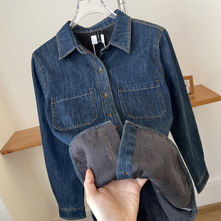 加绒复古深蓝色牛仔衬衫女不卷边冬季内搭叠穿衬衣小个子百搭上衣