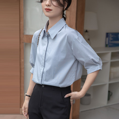 蓝色五分袖衬衫女夏中袖
