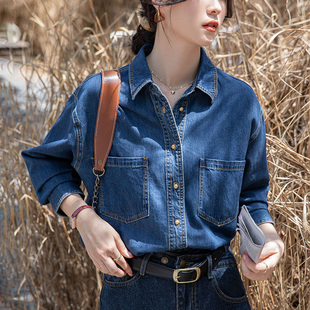 复古深蓝色软牛仔衬衫女秋冬季加绒不卷边宽松内搭叠穿小个子衬衣