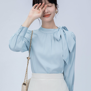 面试内搭缎面上衣 通勤职业正装 蓝色蝴蝶结飘带衬衫 女2026春秋新款
