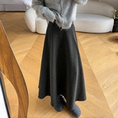 秋冬灰色中长款 半身裙毛呢加绒大摆遮胯松紧设计感显瘦呢子高腰裙