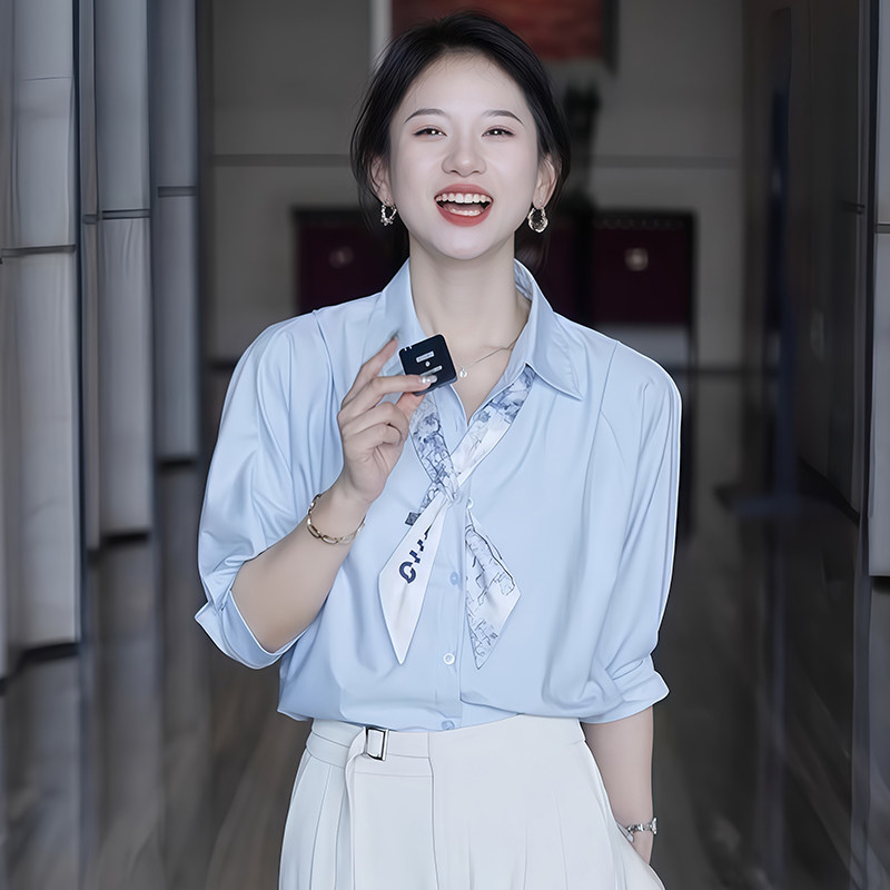 蓝色五分袖衬衫女夏季高级别致优雅丝巾中袖衬衣通勤职业面试上衣