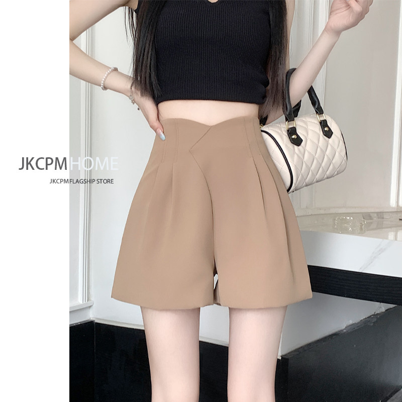 卡其色冰丝雪纺西装短裤女夏季薄款2024新款小个子高腰a字阔腿裤