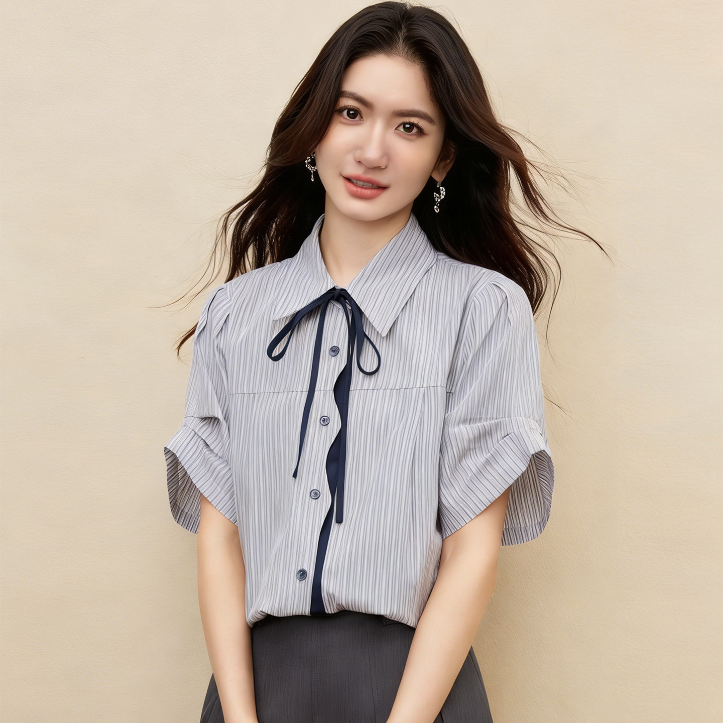 2026夏季新款教资面试领结条纹衬衫女学院风通勤穿搭短袖正装衬衣