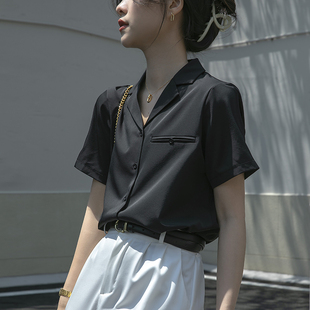 黑色短袖 职业通勤气质面试上衣薄款 女衬衣夏季 领雪纺衬衫 西装 正装