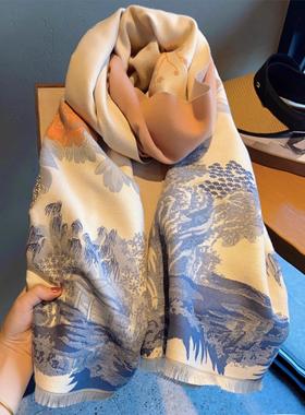法国BGCG又见青花~冬季羊绒围巾女百搭山水画保暖围脖加厚大披肩