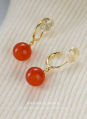 秋冬新款简约时尚复古红色耳坠耳环女无耳洞蚊香盘耳夹气质耳饰潮