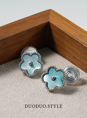 新款潮浅蓝色贝壳五叶花朵耳环女精致小清新无耳洞蚊香盘耳夹防掉