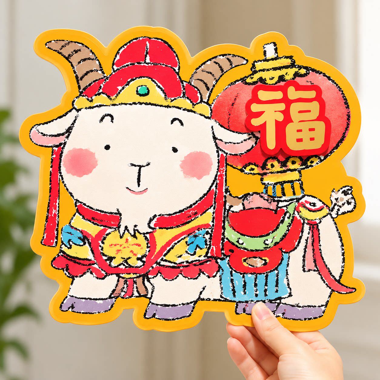 2027羊年福字贴彩色异形新年窗花门贴喜庆立体卡通小羊新年装饰品