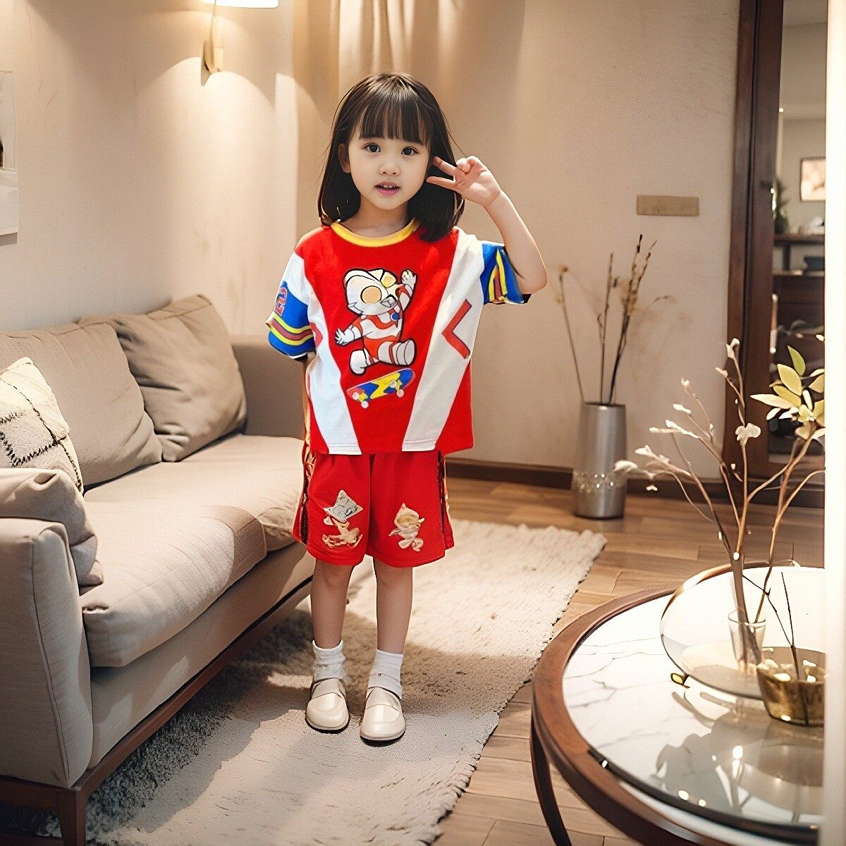 2026新款女童足球迪迦短袖套装夏季宝宝速干卡通小女孩T恤两件套