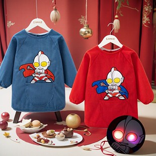 男童亮灯罩衣奥特曼女童防水吃饭防脏围兜秋冬外穿儿童羽绒服罩衣