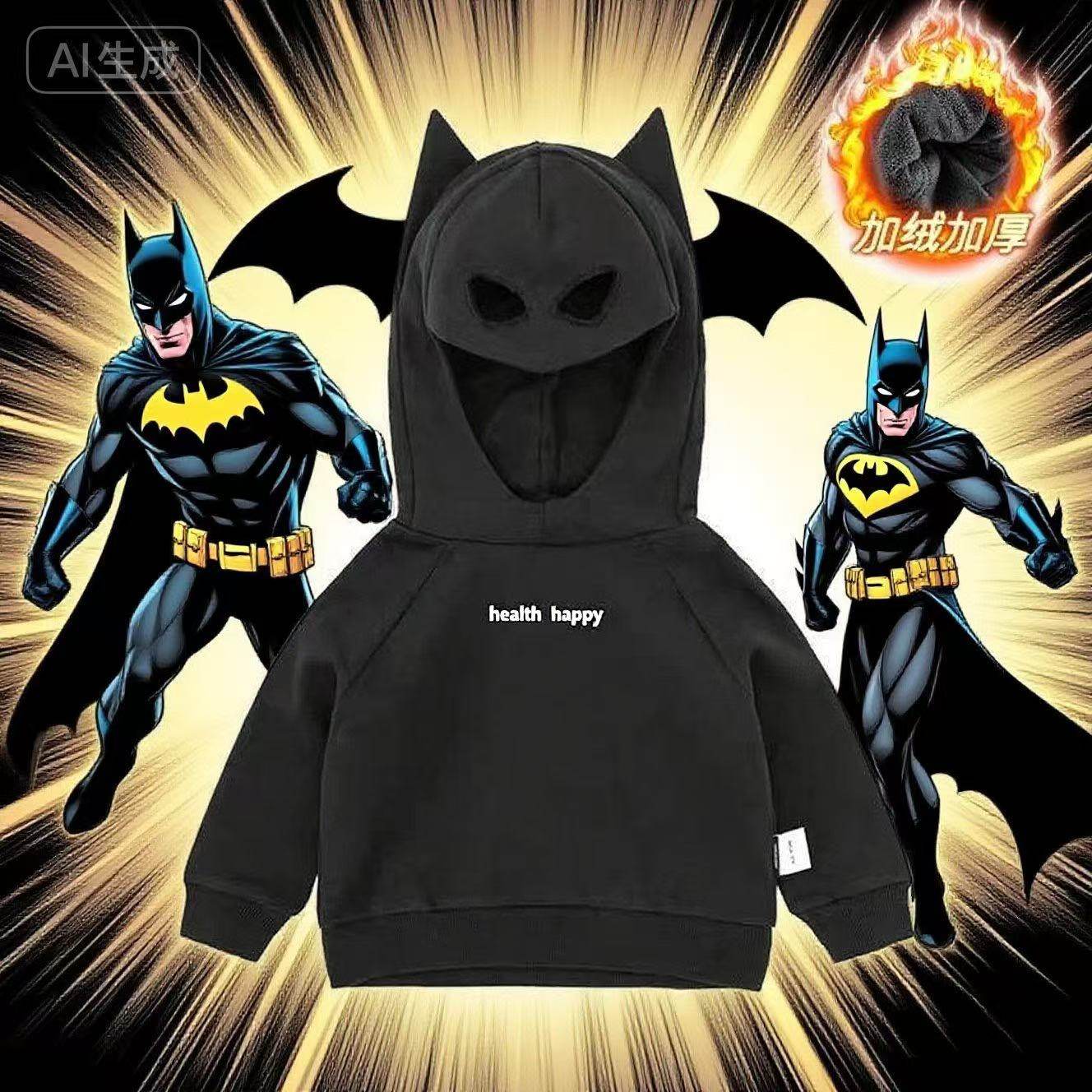 正版蝙蝠侠男童加绒卫衣套头卡通男女童漫威超人连帽洋气纯棉外套