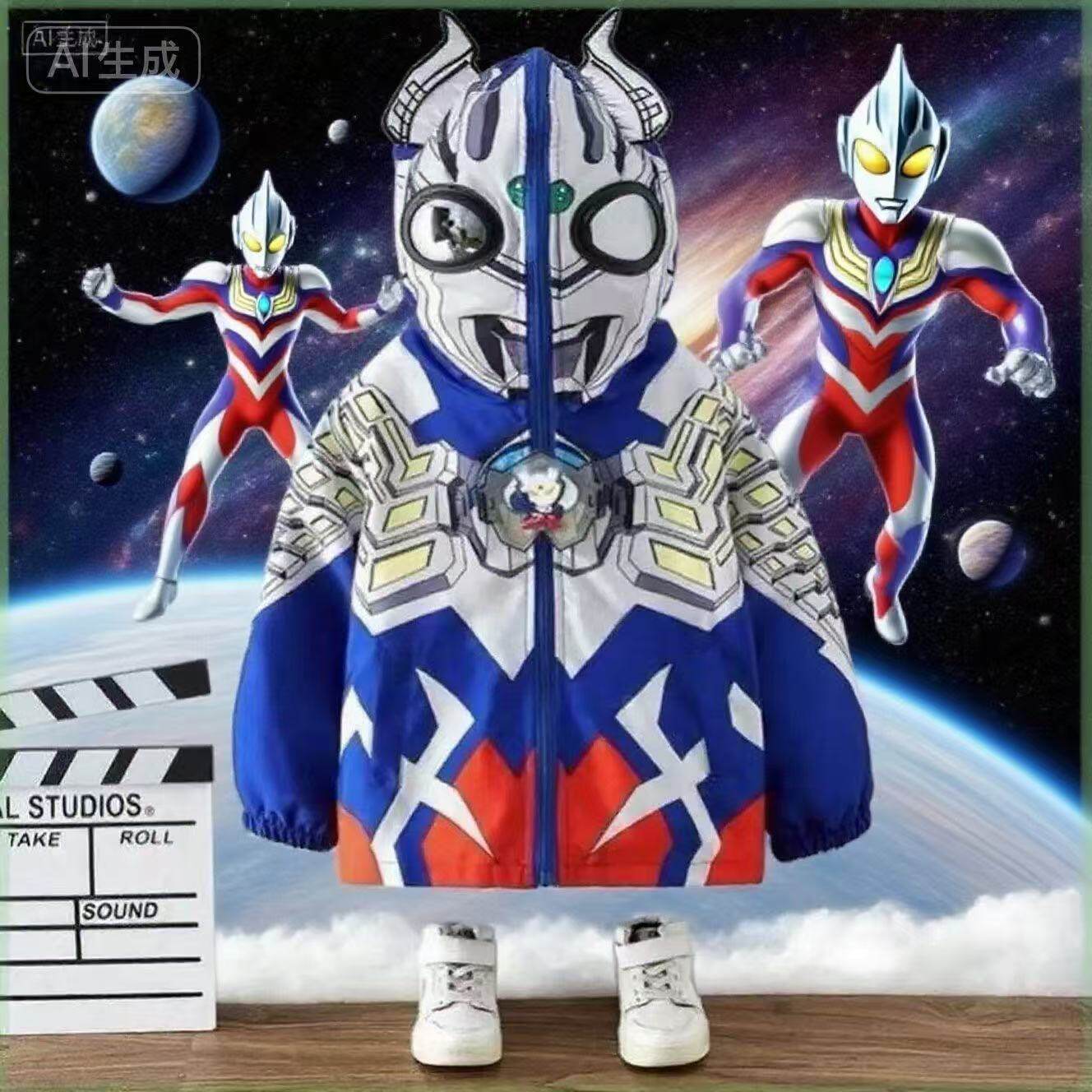 赛罗奥特曼牛角冲锋衣2026新款加棉中大童带灯男女童二棉防风外套