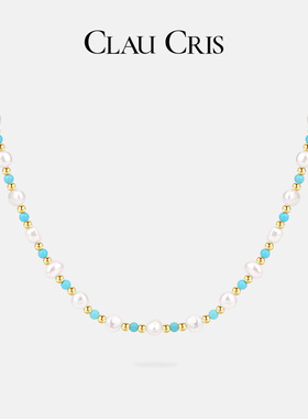 Clau Cris天然彩色石头串珠珍珠项链女轻奢小众国风锁骨链颈链