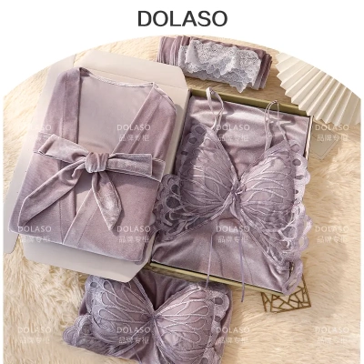 秋冬季金丝绒睡衣女款高级感蝴蝶三件套保暖生日礼物送闺蜜送女友